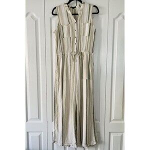 Kelly Renee Jumpsuit Women M Linen Beige Stripe Wide Leg Resort Beach Boho Fun